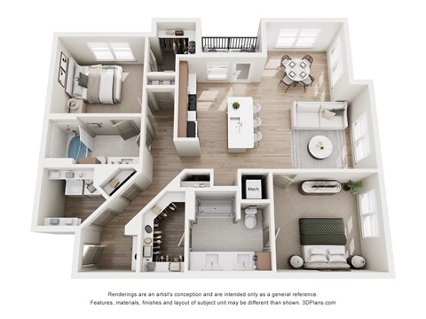 Floor plan for 2 beds, 2 baths, 1220 sqft